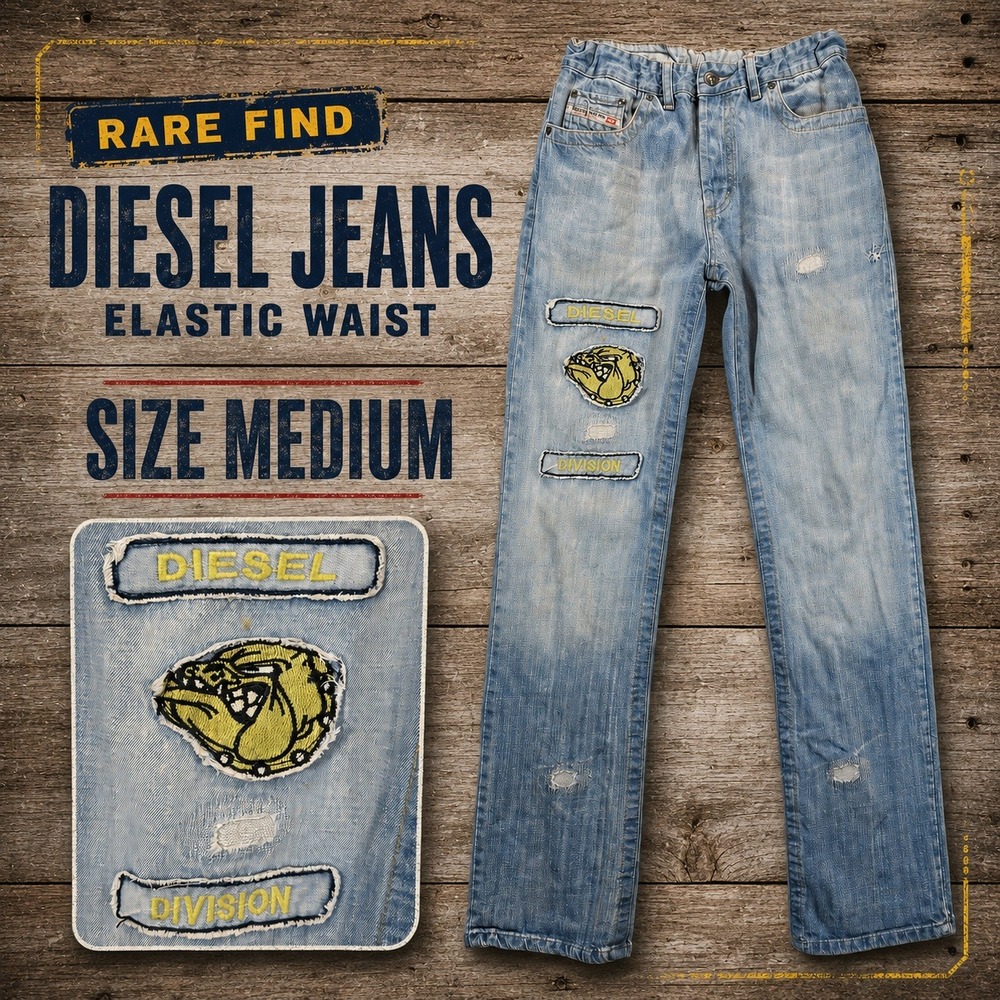 Diesel Division Bulldog Patch Distressed Jeans Light Wash Elastic Waist Medium